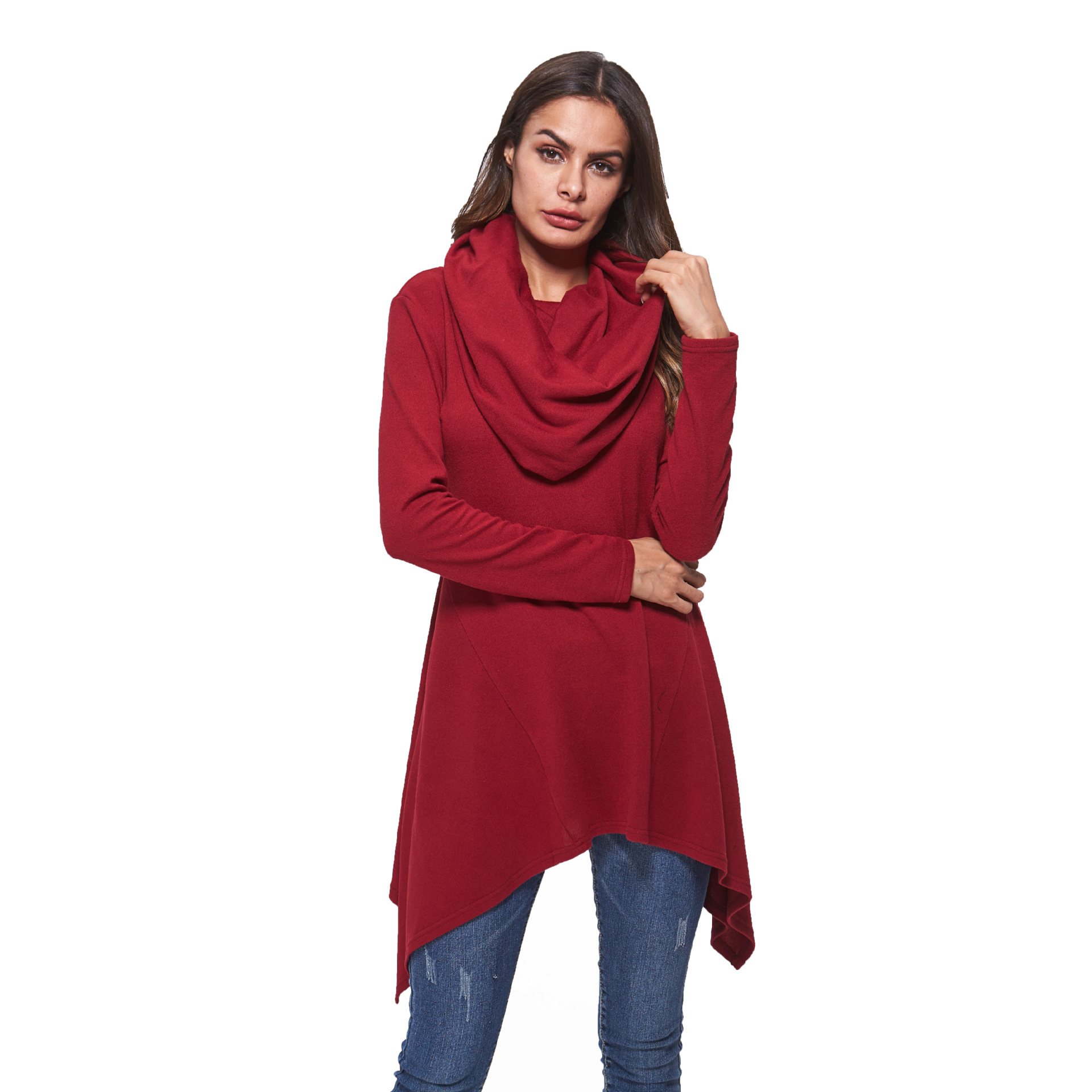 SZ60181-1 asymmetrical sweater dress for women cowl neck hooded knitwear